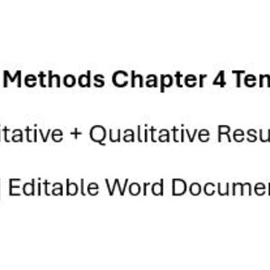 Puede incluir: Gráfico blanco con el texto "Mixed Methods Chapter 4 Template", "Quantitative + Qualitative Results" y "APA 7 | Editable Word Document". El texto está en negro, en una fuente sans-serif.