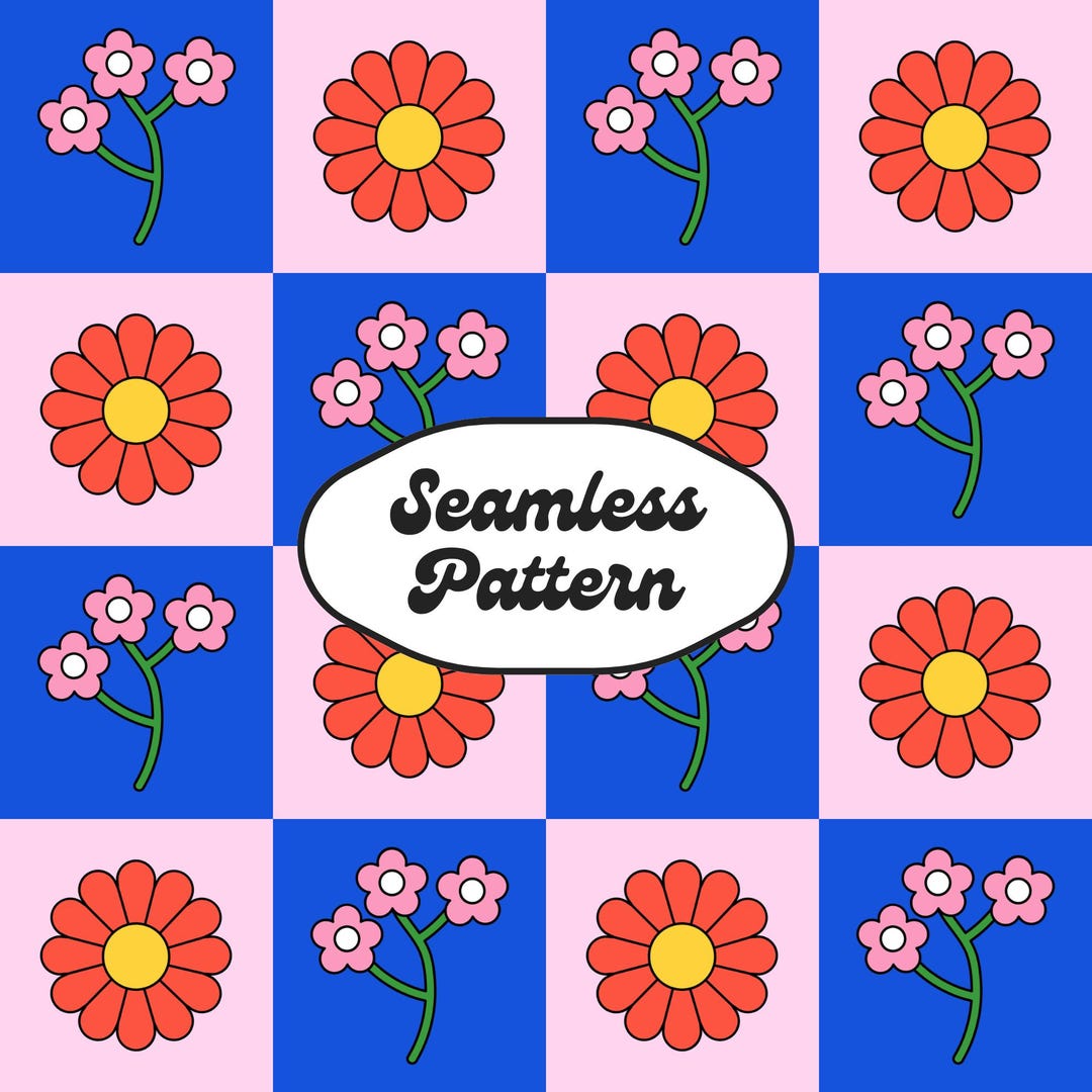 Retro Floral Checkerboard Seamless Pattern Daisy Flowers Pink Blue Grid ...
