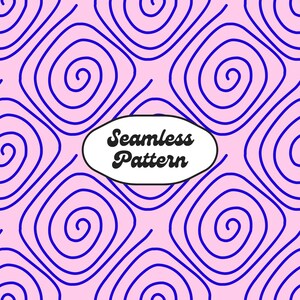 May include: Seamless pattern design featuring blue spiral shapes on a pink background. The pattern is repeated across the image. The words "Seamless Pattern" are in a white oval with a black border.