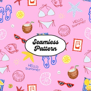 May include: Seamless pattern on a pink background featuring summer-themed illustrations. Includes bikini, sunglasses, starfish, seashells, flip-flops, coconuts, lemons, and the text "Hello Summer".