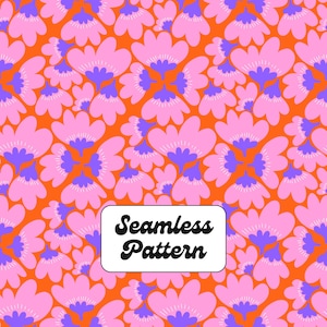 Könnte beinhalten: Ein sich wiederholendes Blumenmuster mit stilisierten rosa Blüten und violetten Zentren auf leuchtend orangefarbenem Hintergrund. Ein weißes rechteckiges Etikett ist mittig platziert mit dem schwarzen Text Seamless Pattern in fetter Schrift.