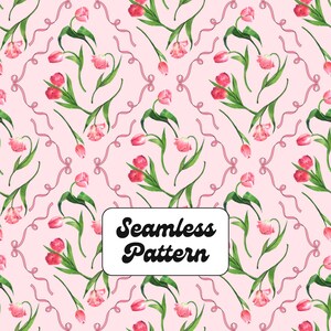 May include: A seamless pattern featuring pink tulips with green stems and leaves arranged against a light pink background, interspersed with thin, wavy pink ribbons forming a decorative lattice. A white rectangular label displays the text Seamless Pattern.