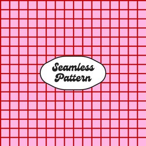 May include: A seamless pattern design featuring a grid of red lines on a pink background. An oval-shaped element in the center displays the text "Seamless Pattern" in a black, stylized font. The design is simple and graphic.