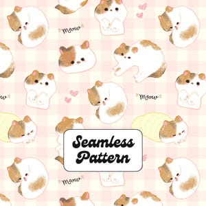 May include: A seamless pattern featuring illustrated white and brown calico cats in various poses on a light pink checkered background. The design includes small pink hearts and the text meow written in a cursive script throughout the repeating print.