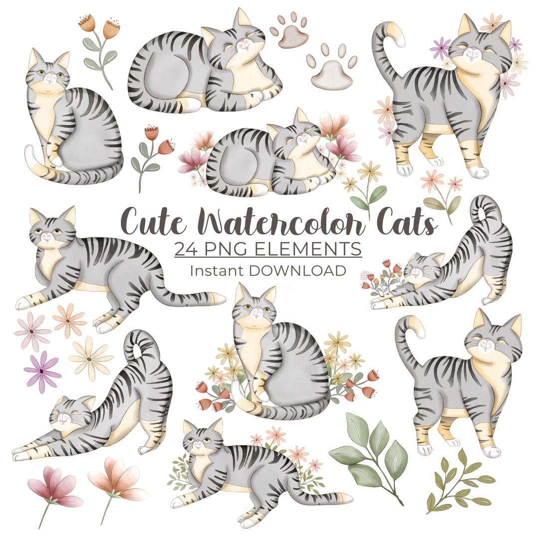 24 Watercolor Cat Clipart | Cute Kitten Clipart Set | Nursery Cat ...