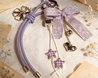 Portachiavi con fiocco viola, ciondolo a forma di cuore e stella, regalo kawaii