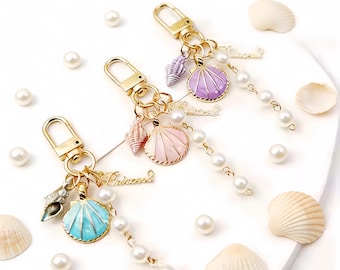 Portachiavi a forma di conchiglia di perla, ciondolo in lega stile oceano, charm per borsa blu rosa viola