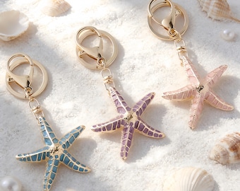 Ocean Starfish Keychain, Alloy Metal Bag Charm, Blue Pink Purple, Summer Beach Accessory