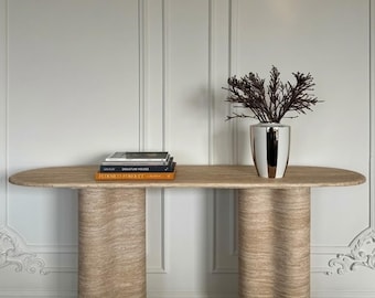 Travertine Console Table – Sculptural Stone Entryway Table with Double Column Base