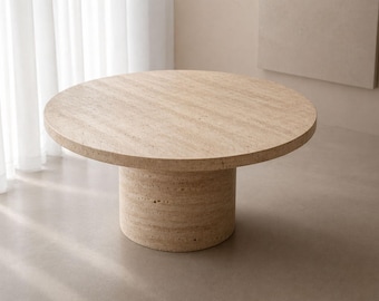 Travertine Round Coffee Table – Natural Stone, Minimalist Living Room Furniture