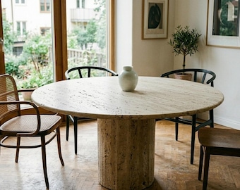 Travertine Dining Table – Round Stone Table with Solid Base