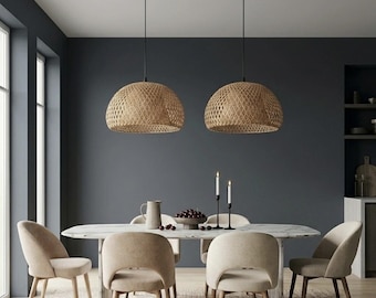 Handwoven Bamboo Dome Pendant Light | Natural Rattan Wicker Chandelier | Boho Ceiling Lamp for Dining Room Living Room Bedroom.