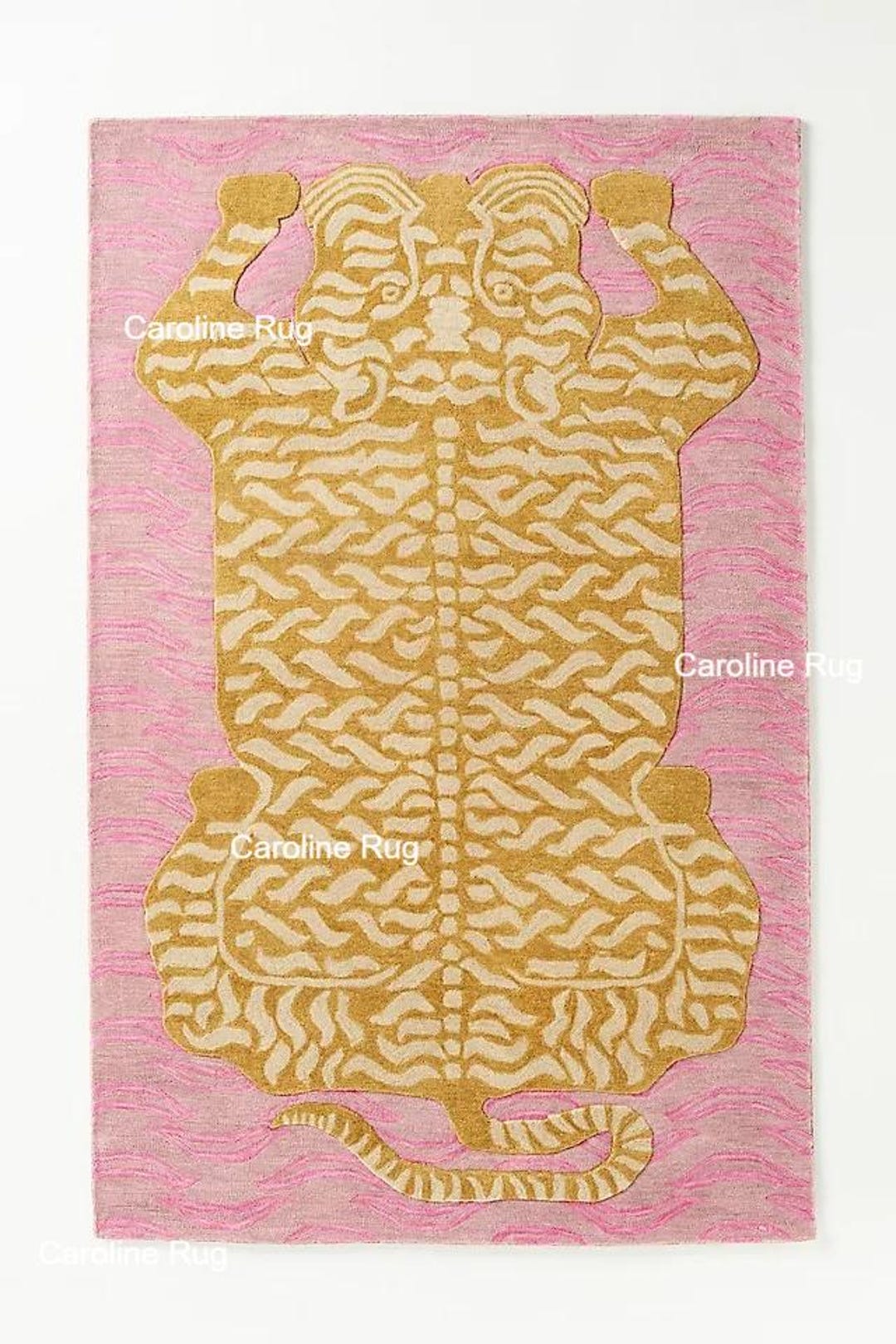 Preppy Tiger Rug Hand-tufted Tibetan Tiger Rug - Pink & Gold Maximalist Tiger Skin Area ...
