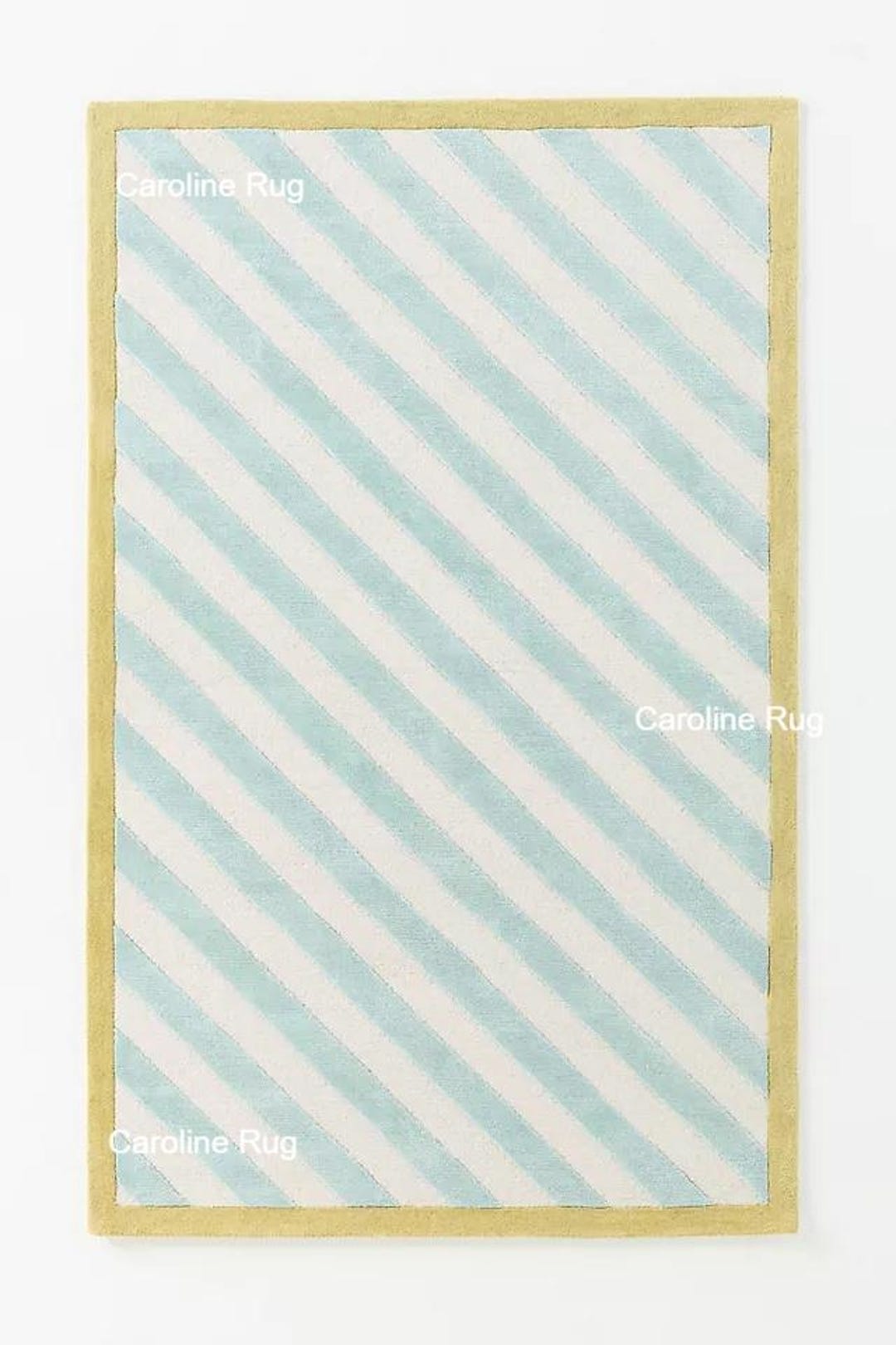 Preppy Blue Rug Light Blue and White Striped Rug - Yellow Border Area Rug - Coastal ...