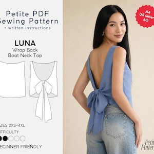 May include: A woman wearing a light blue wrap back boat neck top with a bow. The image also shows a sewing pattern with the text "Petite PDF Sewing Pattern" and "LUNA Wrap Back Boat Neck Top". The pattern is beginner friendly and available in sizes 2XS-4XL.