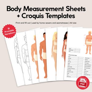 Op de afbeelding: Afdrukbare lichaamsmetingbladen en croquis-sjablonen. De vellen bevatten illustraties van mannelijke en vrouwelijke figuren, samen met maattabellen. De tekst luidt "Body Measurement Sheets + Croquis Templates" en "Print and fill out | used by home-sewers and seamstresses | A4 size."