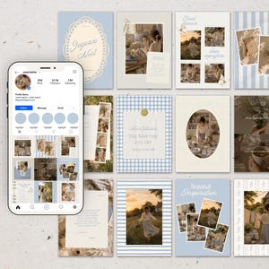 May include: A smartphone displaying a social media profile page with a grid of twelve aesthetic templates featuring light blue, white, and beige colour palettes, floral patterns, gingham prints, and various photo collage layouts for digital content.