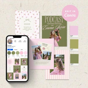 Puede incluir: Un diseño de marketing digital que presenta un teléfono inteligente que muestra un perfil de Instagram, junto con varias plantillas de redes sociales rosas y verdes. Las plantillas incluyen una portada de podcast, postales y tarjetas de recordatorio, todas con diseños florales y femeninos.