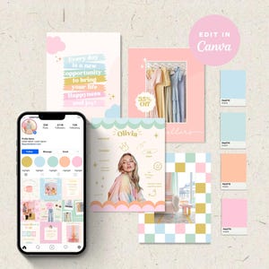 Puede incluir: Una colección de plantillas de redes sociales en colores pastel y un teléfono inteligente que muestra un perfil de Instagram. Las plantillas presentan texto como "Cada día es una nueva oportunidad" y "Edit in Canva". También se incluye una paleta de colores.
