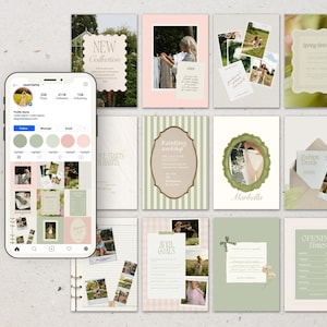 May include: A smartphone displays an Instagram profile with a pastel color palette, surrounded by various aesthetic digital templates. The templates include designs for social media posts, invitations, and event announcements, featuring soft colors and floral accents.