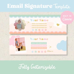 Op de afbeelding: Een pastelkleurige e-mail handtekening sjabloon met de tekst "Email Signature Template" bovenaan. Het ontwerp bevat ruimte voor een foto, naam, website en social media links. De woorden "Edit in Canva" staan in een roze cirkel. De onderkant luidt "Fully Customizable."