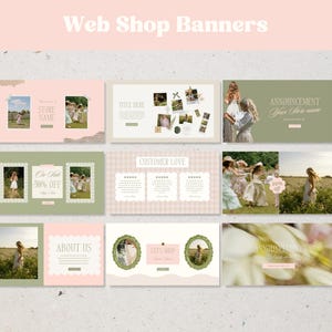 Peut inclure: Une collection de huit bannières web pour boutique en ligne aux tons pastel rose et vert sauge. Les designs incluent des espaces pour des photos et des zones de texte intitulées Store Name, Title Here, Customer Love, About Us et Let's Shop.