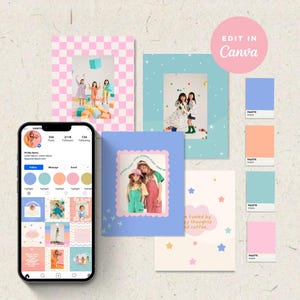 Puede incluir: Un conjunto de plantillas digitales para redes sociales que incluye un teléfono inteligente con un perfil de Instagram, cuatro marcos gráficos rectangulares con patrones pastel y una tira de paleta de colores. Los marcos presentan cuadros rosas, estrellas azules y bordes festoneados, con una insignia circular rosa que dice Edit in Canva.