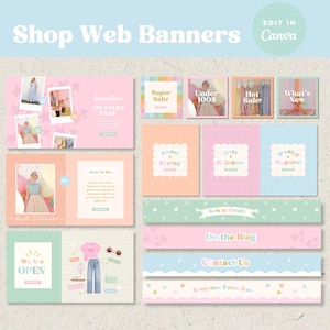 Puede incluir: Una colección de banners web para tiendas con paletas de colores pastel, incluyendo rosa, melocotón, verde menta y azul claro. Los diseños incorporan varios elementos de texto como Shop Web Banners, Super Sale, Under 100$, Hot Sale, What's New, Sweet Spring, Cozy Rainbow, Pastel Apparel, New Arrivals, On the Blog, Contact Us y Shop our Favorites.