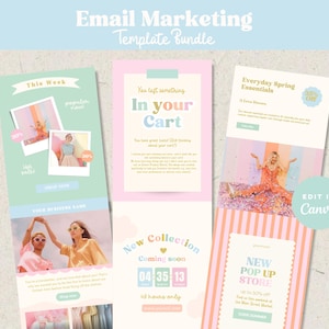 May include: A digital email marketing template bundle featuring three vertical layouts with pastel color schemes. The designs include text such as Email Marketing Template Bundle, This Week, In your Cart, New Collection, and New Pop Up Store, with placeholders for images and buttons.