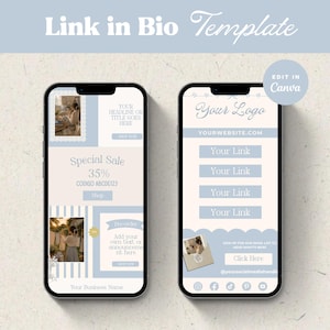 May include: Two smartphone screens displaying a Link in Bio template with a light blue and cream colour scheme. The interface includes placeholders for images, text, buttons, and social media icons, with the text Edit in Canva visible in a circle.