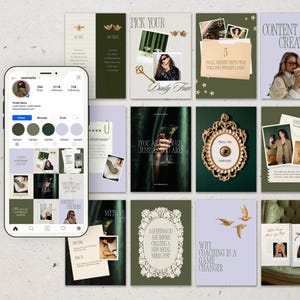 Puede incluir: Un smartphone muestra una cuadrícula de plantillas de redes sociales estéticas. Las plantillas utilizan tonos de verde, dorado y blanco, con frases como "Content Creators" y "Pick Your Daily Fuel".