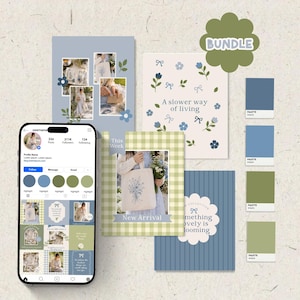 Pode incluir: Um pacote de marketing digital com um smartphone exibindo uma grade de perfil do Instagram, ao lado de três modelos gráficos retangulares em azul, verde e branco. Os gráficos incluem ilustrações florais, o texto A slower way of living e uma paleta de cores.