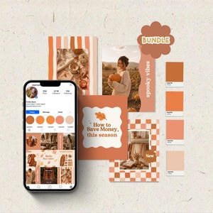 Puede incluir: Un paquete de plantillas digitales para redes sociales que incluye un teléfono inteligente con un perfil de Instagram, varios diseños de publicaciones con imágenes otoñales, una paleta de colores y una etiqueta con la palabra BUNDLE.