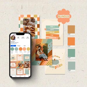 Puede incluir: Un paquete de plantillas digitales para redes sociales que incluye un teléfono inteligente con una cuadrícula de perfil de Instagram, tres diseños gráficos rectangulares con temas otoñales y una tira de paleta de colores con cinco tonos estacionales.