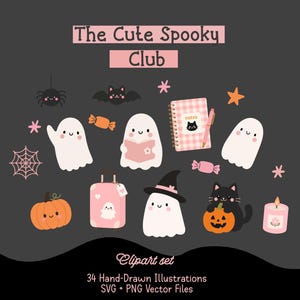 Puede incluir: Un conjunto de imágenes prediseñadas digitales titulado The Cute Spooky Club que incluye 34 ilustraciones dibujadas a mano de fantasmas, un gato negro, una calabaza, una araña, un murciélago, un cuaderno, una maleta y dulces en tonos rosa, naranja, negro y blanco.