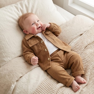 May include: A baby wearing a brown corduroy jacket and pants set, with a white shirt underneath. The outfit has button closures and pocket details. The baby is lying on a bed with a beige blanket.
