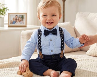 Completo elegante per neonato / Completo con pantaloni e bretelle per bambino / Body blu navy con papillon / Abbigliamento per compleanno e matrimonio