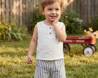 Baby Boy Summer Outfit Set | Striped Sleeveless Shirt Shorts Cotton Clothing | Toddler Beach Casual Wear | Gift for Baby Shower
