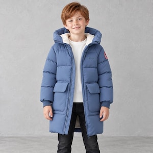 May include: A blue puffer coat featuring a hood with a white interior lining, a front zip fastening, and two large flap pockets on the sides. The coat has ribbed cuffs and a circular logo patch on the left sleeve, worn over a white shirt and black trousers.
