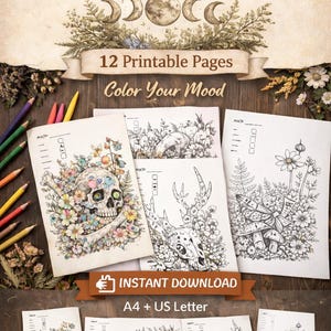 May include: A printable mood tracker with a dark forest theme. The design includes a skull, deer skull, and floral illustrations. The text reads "Dark Forest Mood Tracker," "12 Printable Pages," and "Color Your Mood." Includes A4 and US Letter sizes. Instant download.