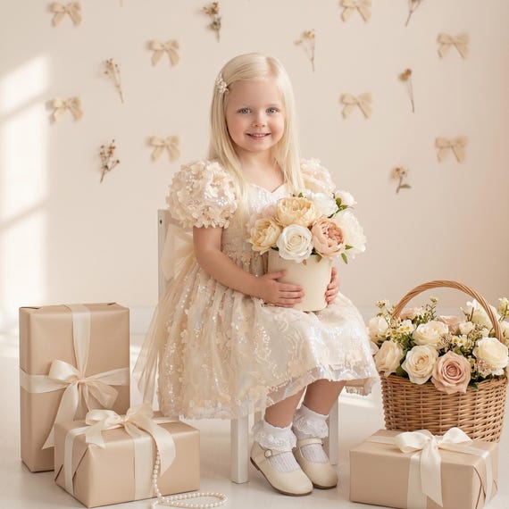 Cream Beige Princess Birthday Gown - Elegant Sequin Mesh Puff Sleeve Ball Gown, Lovely Summer Festival Toddler Ceremony Dress