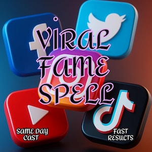 Op de afbeelding: Een afbeelding met de logo's van Facebook, Twitter, Instagram, TikTok en YouTube. De tekst "VIRAL FAME SPELL" is over de afbeelding geplaatst. Extra tekst is "SAME DAY CAST" en "FAST RESULTS". De achtergrond loopt over van blauw naar bruin.