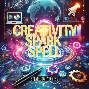 Puede incluir: Una obra de arte digital con las palabras "CREATIVITY SPARK SPELL" en amarillo, superpuestas sobre un fondo futurista y tecnológico. Se ven un bolígrafo y engranajes. El texto "SAME DAY CAST" está en la parte inferior.