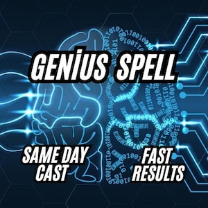 以下が含まれることがあります： 太字の白いフォントと黒いアウトラインで「GENIUS SPELL」という言葉が書かれたデジタルグラフィック。 下には「SAME DAY CAST」と「FAST RESULTS」というテキストが表示されています。 背景には脳の輪郭とバイナリコードがあります。