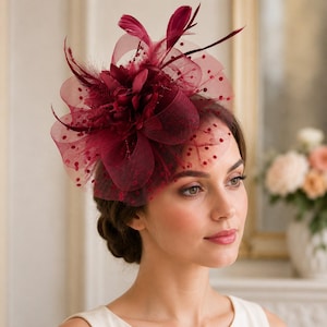 May include: A deep burgundy fascinator hat featuring a large fabric flower, delicate feathers, and a layer of matching polka-dot tulle netting. The headpiece is constructed with structured loops of mesh fabric and is accented with thin, dark red plumes.