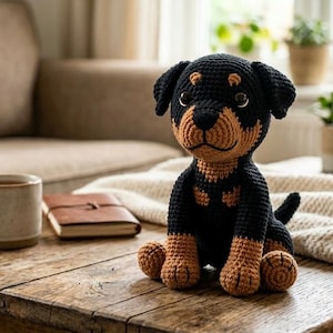 Może przedstawiać: Ręcznie robiony szydełkowy szczeniak rasy Rottweiler siedzi na drewnianym stole. Pluszowa zabawka jest czarna i brązowa, ze szczegółowymi przeszyciami. Na stole znajdują się również filiżanka kawy i skórzany notatnik. Tło obejmuje sofę, rośliny i okno.