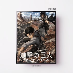 Könnte beinhalten: Ein digitales Poster mit zwei Anime-Charakteren in Kampfausrüstung, die über ein Stadtdach springen. Der Text lautet "PDF. FILE" oben und "進撃の巨人 ATTACK ON TITAN" unten. Die Szene zeigt eine dynamische Actionsequenz mit braunen Ziegeldächern und einem bewölkten Himmel.