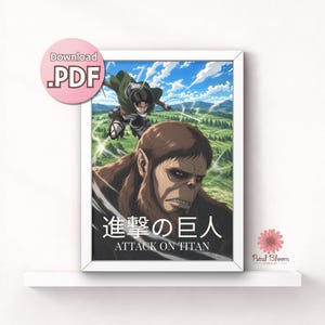 May include: A framed Attack on Titan poster featuring two characters from the anime series. The poster has a white border and includes Japanese text and the English title. A pink circle with "Download .PDF" is in the upper left corner.