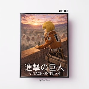 Op de afbeelding: Een ingelijste digitale print met een anime-personage met blond haar in een bruin jasje met embleem, staand op een stenen muur uitkijkend over een bos met titanen bij zonsondergang. De tekst luidt PDF. FILE, 進撃の巨人 en ATTACK ON TITAN.