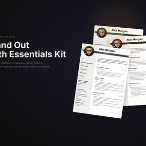 Peut inclure: Un kit de modèles professionnels avec le texte « Stand Out With Essentials Kit ». Le kit comprend des CV, des lettres de motivation et des bannières LinkedIn. Les CV présentent une photo d'Alex Morgan.